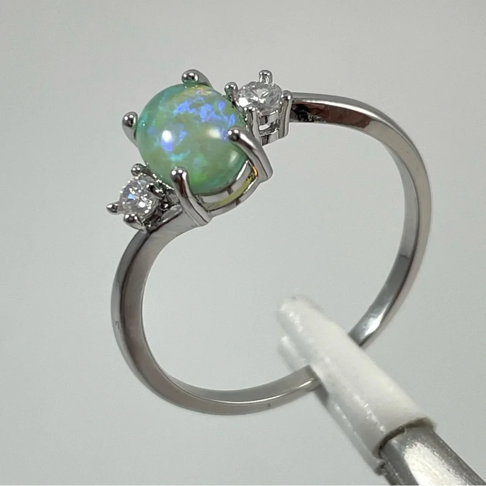 Rings Women’s Jewelry Beautiful Green Faux Opal Oval Cut Silver Plated Dainty